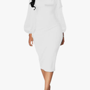 BestGirl Women's Bishop Sleeve Bodycon Dresses Work Casual Floral Print Pencil Midi Dresses,XL