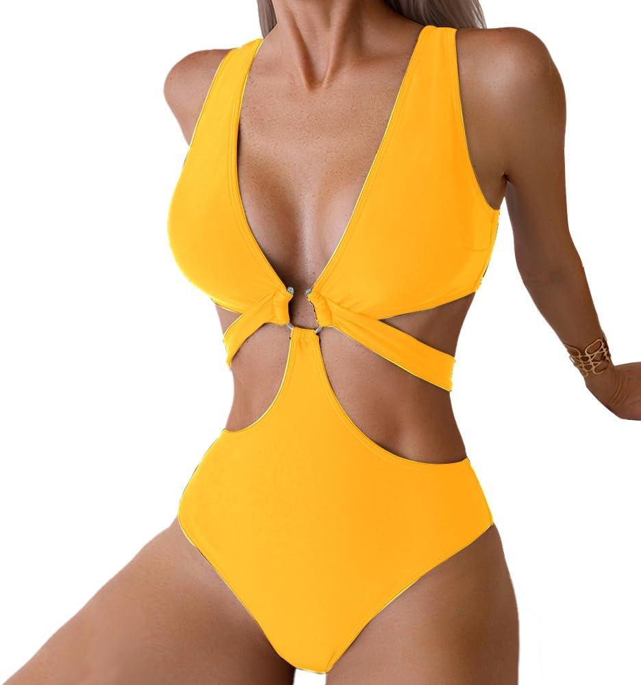 Women's Deep V Neck One Piece Swimsuit O-Ring Swimwear Sexy Cut Out Bathing Suit (Large)