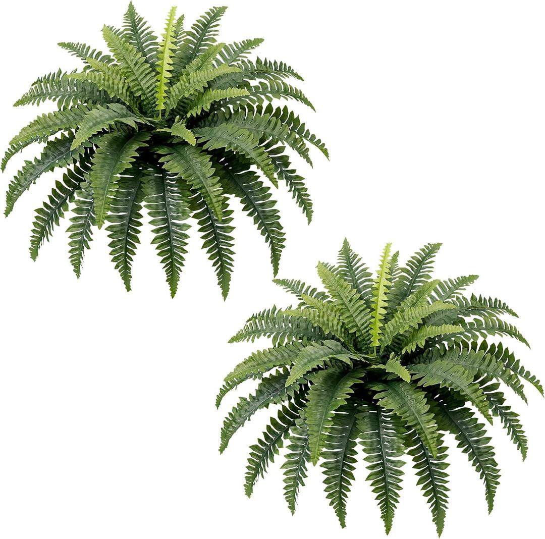 Fake Ferns, 35IN Large Fake Bush Plants, 2 Artificial Boston Ferns with 39 Fronds for Outdoor Hanging Planter Garden Porch Entrance Home Decor