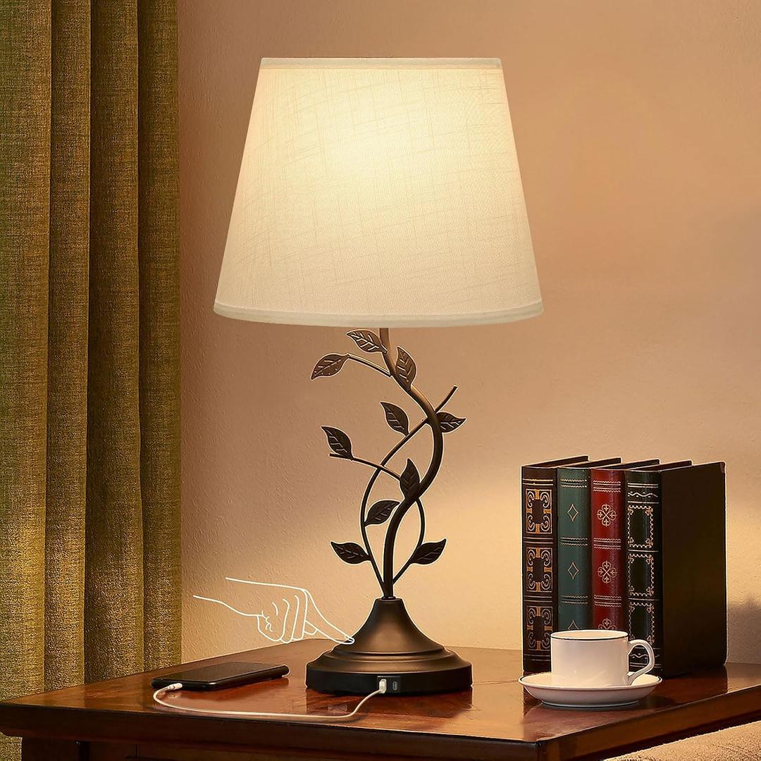Kakanuo Table Lamp for Bedside, Lamp for Living Room with USB-A and USB-C Charging Ports, Traditional Tall Bedroom Lamp for End Table