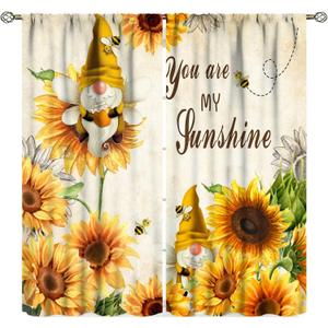 Sunflower Kitchen Curtains Farmhouse Flower Rustic Flower Bee Gnomes 2 Panels Window Treatment Set for Living Room Decor 42Wx45H Inch Decor