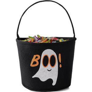 Halloween Bucket Halloween Basket for Kids, Trick or Treat Bags with Embroidery Foldable Candy Buckets Pumpkin Bucket Candies Basket with Handle for Party Decorations, (Black)