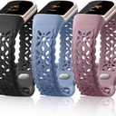 Maledan Floral Engraved Bands Compatible with Fitbit Charge 5 Band/Fitbit Charge 6 Band for Women, Charm Lace Silicone Soft Sport Watch Bands Bracelet Straps for Fitbit Charge 5/ Charge 6 Accessories (fits 5.5" - 8.2" (14-21cm) wrist, 2-Black/ Blue Gray/ Smoke Violet)