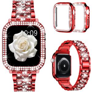 Mosonio Compatible with Apple Watch Band 38mm 40mm 41mm 42mm 44mm 45mm 46mm 49mm with 2 Pack Case Women, Jewelry Replacement Metal Bands Strap with Bling PC Protective Case for iWatch Ultra SE Series 11/10/9/8/7/6/5/4/3/2/1 (Red)