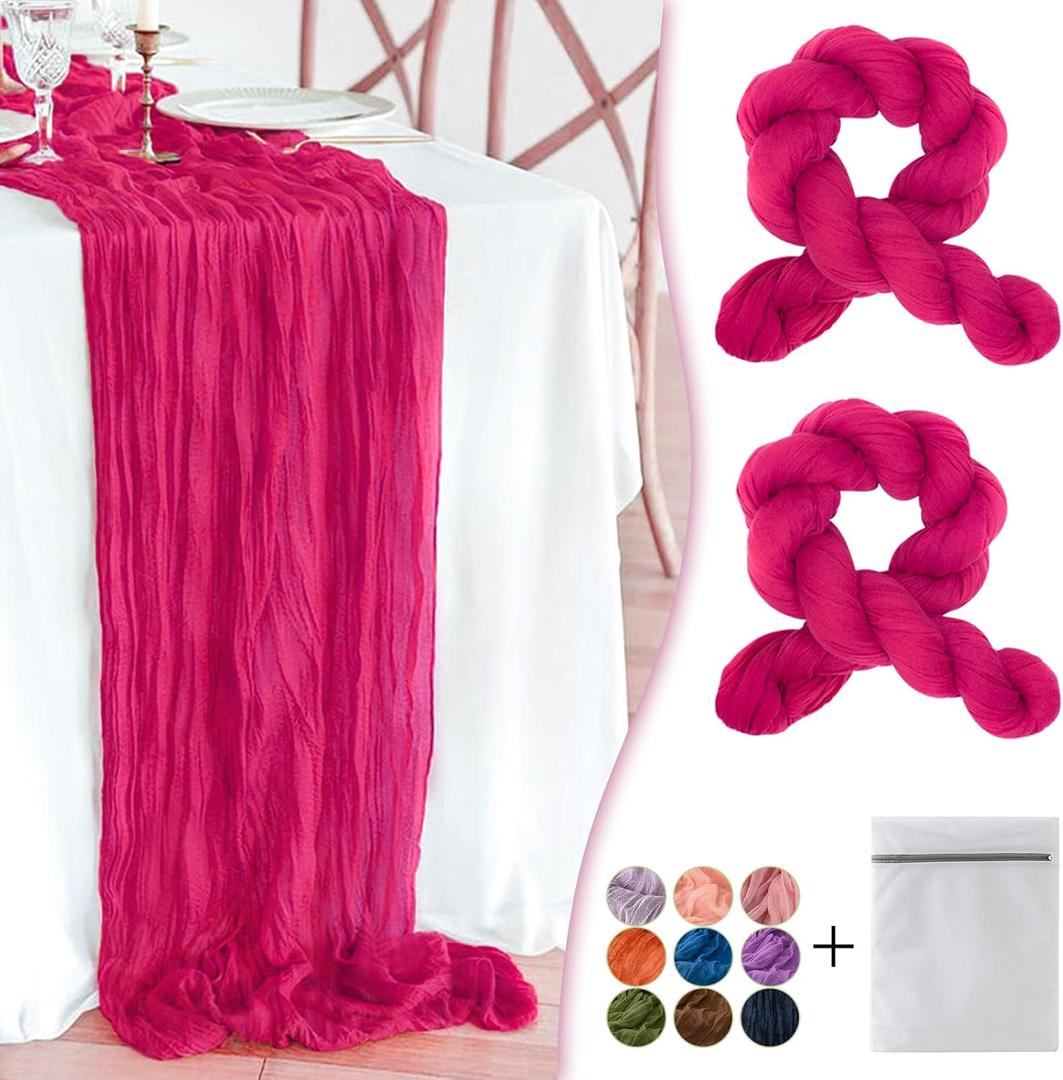 Hot Pink Cheesecloth Table Runner 2 Pack 35" Boho Gauze Table Runner 120 inches Long Runner Rustic Sheer Fabric Bulk for Baby Shower Wedding Bridal Birthday Party Table Decorations