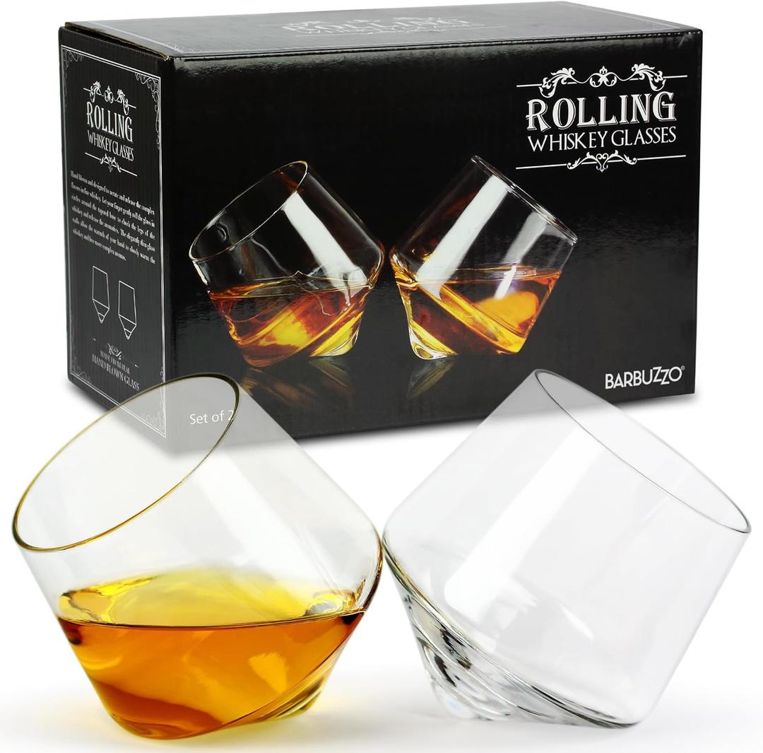 Barbuzzo Rolling Whiskey Glasses (Set of 2)  Hand-Blown Stemless Whiskey Glasses That Roll for Better Aeration  Perfect for a Variety of Spirits, Malts, Highballs and Cocktails  Holds 6.3 Ounces