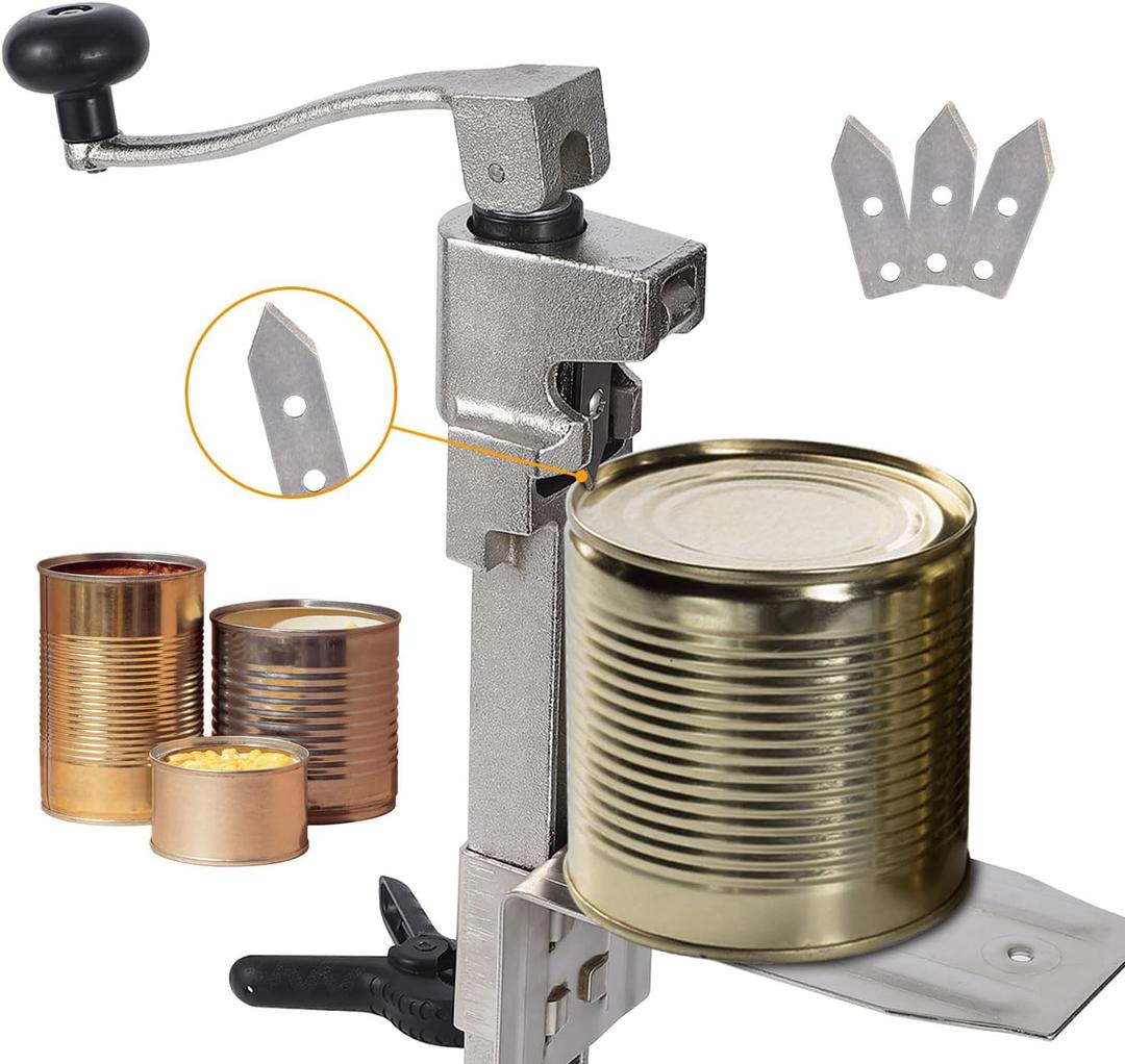 Manual Table Can Opener for Cans Up to 15.7/40 cm, Heavy-Duty Commercial Countertop Can Opener with Stainless Steel Blade and 3 Extra Blades, Durable Cast Iron Construction