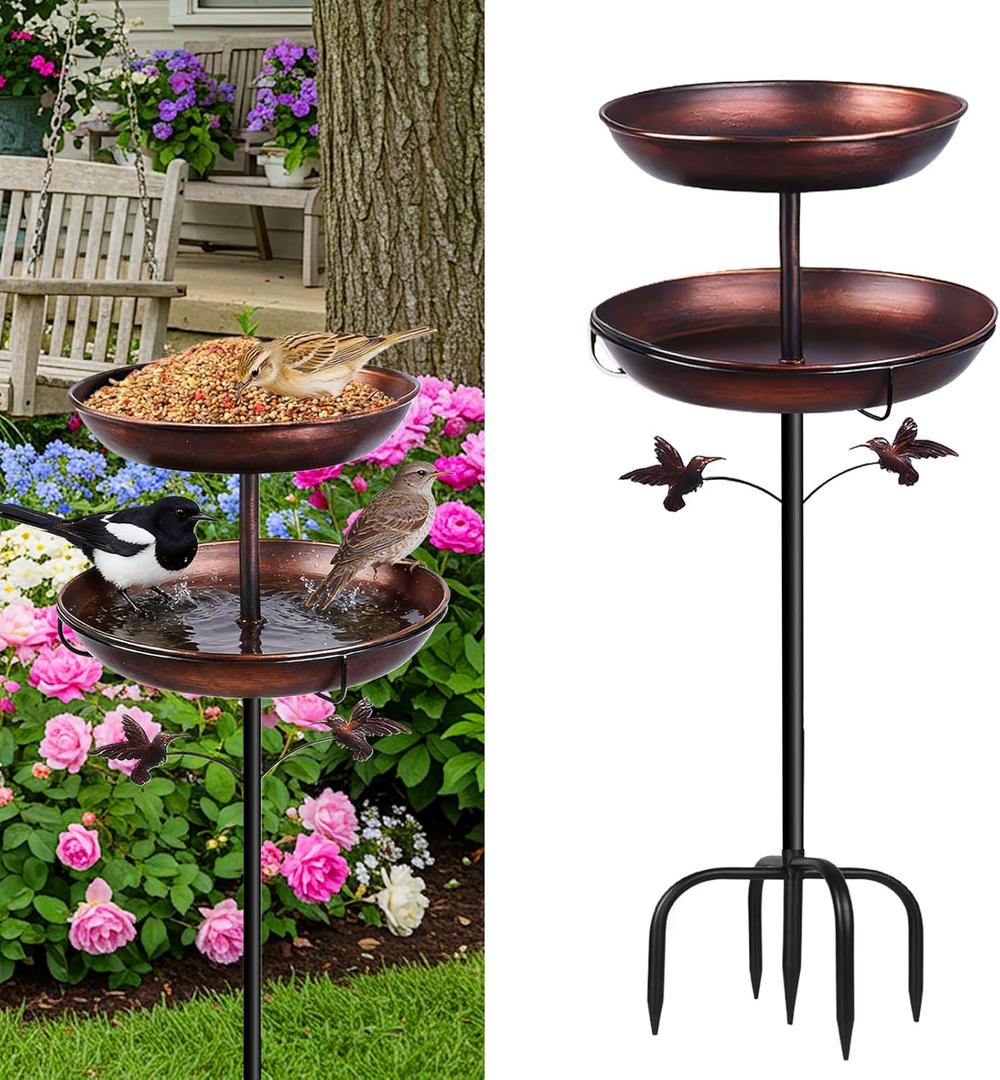 Metal Bird Bath for Outside, Rustproof Outdoor Bird Feeder, 45" Vintage Metal Birdbath with Reinforced 5-Prong Base for Garden and Patio Decor, Double Bowl Design