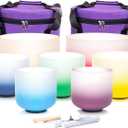 432HZ Crystal Singing Bowls Chakra Set of 7 Color 7-12" Frosted Quartz Sound Singing Bowls Set of 7 with 2 Travel Carry Cases Bags 2 Mallets Suede 2 Strikers 7 O-rings