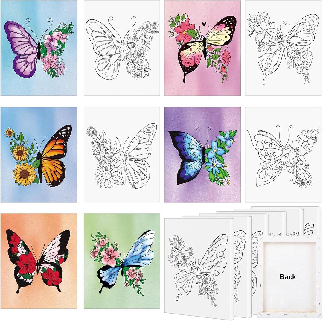 COCHIE 6 Pack 8x10 Inches Butterfly Flower Pre Drawn Canvas to Paint for Sip and Paint Party, Pre Printed Framed Canvases Set, Butterflies Pre Sketched Canvas for Painting for Adults Kids