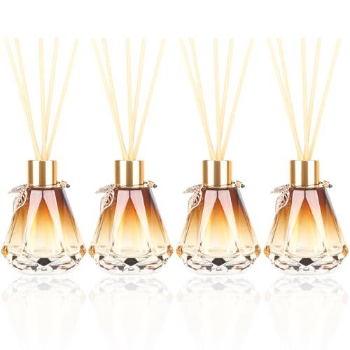 4pcs Reed Diffuser Empty Bottles with 20pcs Sticks, Delicate Gold Leaf Decor, Glass Fragrance Set with Lids for Home, Bathroom | Refillable, Diamond Style Gold