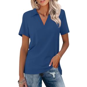 ORANDESIGNE Women's Short Sleeve V Neck Polo Shirts Summer Collared Tops Casual Loose Tees Tops (Large)