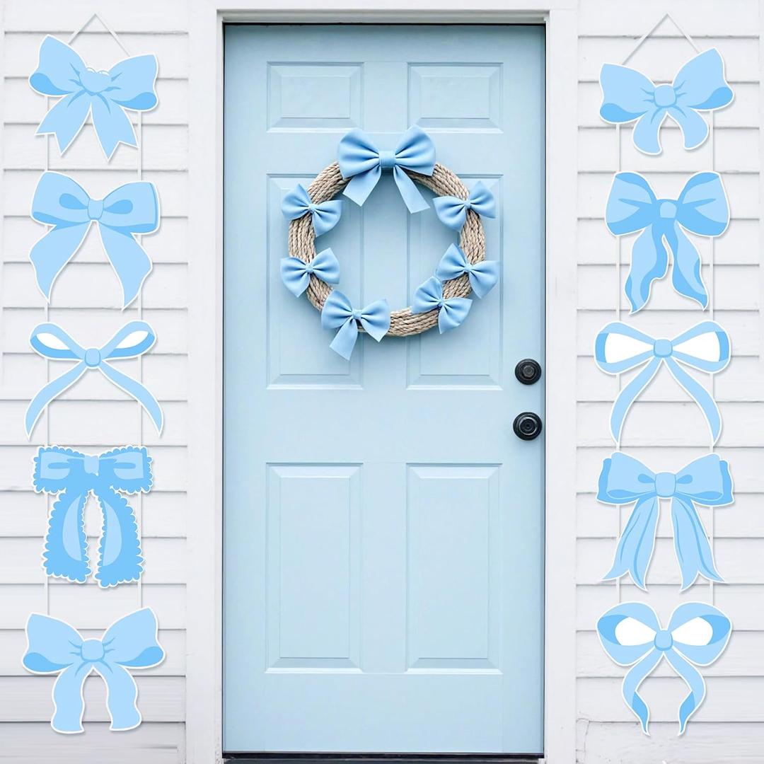 10Pcs Bow Theme Party Decorations Bow Cutouts Cardboard Banners Blue Bow Birthday Party Porch Signs Door Banner Hanging Decoration for Girls Baby Bridal Shower Birthday Wedding Coquette Party Supplies