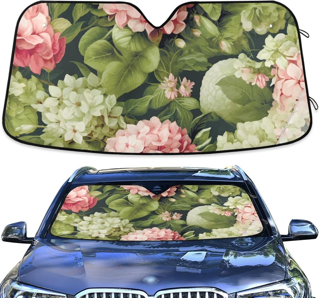 Car Sun Shade Peonies Rose White Hydrangea Windshield Sunshade Protector for Small Car SUV Front Window (C2608)