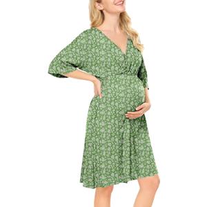 Nursing Dresses Breastfeeding Dress for Women - V Neck Maternity Nursing Dress Flowy Boho Floral Vacation Dress (Green, S)