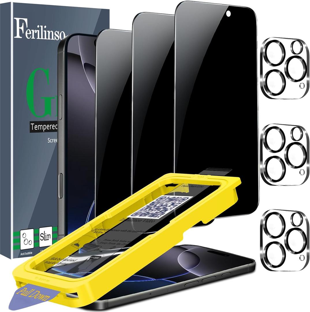 Ferilinso [Auto Dust Install] 3 Pack Privacy Screen Protector for iPhone 16 Pro Max with 9H+ Private Accessories-Camera Lens Protector, Tempered Glass Cover, Case Friendly, Sensitve Touch