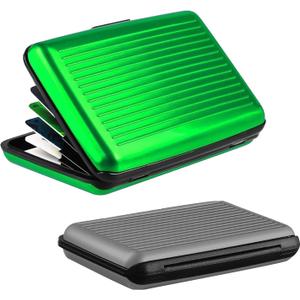 BBTO 2 Pieces Credit Card Holder Slim Mini Rfid Blocking Credit Card Protector Aluminum Business Box Metal ID Organizer Wallet with 6 Slots for Women Men (Green, Gray)