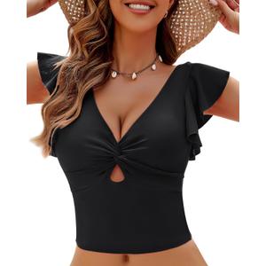 GRAPENT Tankini Tops for Women Swimwear Top Only Ruffle Bathing Suit Cut Out Long Bikini Tops Swimsuit Beach Resort Wear (X-Large, Black)