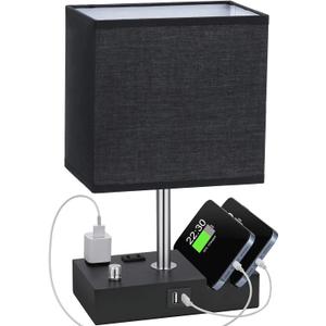 Kakanuo Table Lamp for Bedroom with Dual USB Ports, Fully Dimmable Black Bedside Lamp with Phone Stands and 2 Charging Outlets, Desk Lamp for Nightstand and Living Room, LED Bulb Included (1 Pack)