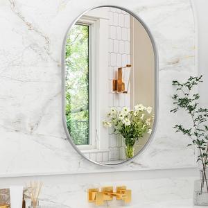 Suidia 22" x 30" Bathroom Mirror, Bathroom Vanity Mirror Metal Framed, Wall-Mounted Mirrors for Bedroom, Living Room, Entryway, Hallway, Silver, Oval Style