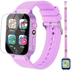 Smart Watch for Kids Girl Gift Ages 3-12, 2 Screen Protector, 26 Puzzle Games, HD Camera Video Music Player Touchscreen Pedometer, Educationtal Toy Brithday Gifts for Girl Ages 4 5 6 7 8 9 10(Purple)