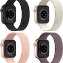 4 Pack Stretchy Nylon Solo Loop Bands Compatible with Apple Watch 49mm 46mm 45mm 44mm 42mm 41mm 40mm 38mm, Elastic Sport Strap for iWatch Ultra/2 Series 10 9 8 7 SE 6 5 4 3 2 1 women (Black/Starlight/Nude Pink/Smoke Violet)