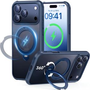 Peerock 360 Spin Magnetic Stand (Pro-Version) for iPhone 17 Pro Case (Compatible with MagSafe) [Military Drop Protection] Matte Translucent Shockproof Protective Phone Case 6.3'', Deep Blue