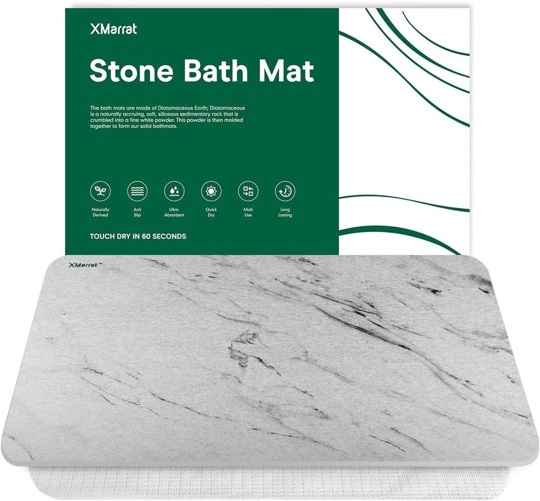 Stone Bath Mat (23.6 x 15.4 Marble), Super Absorbent Diatomaceous Earth Bath Mat, Quick Drying Non-Slip Diatomite Stone Bath Mats for Bathroom, Easy to Clean- Light Grey (1'5" x 2'3" (Square))