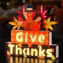 Happy Thanksgiving Sign, Fall Thanksgiving Wooden Block Sign with Led Lights for Indoor Table Mantle Decor