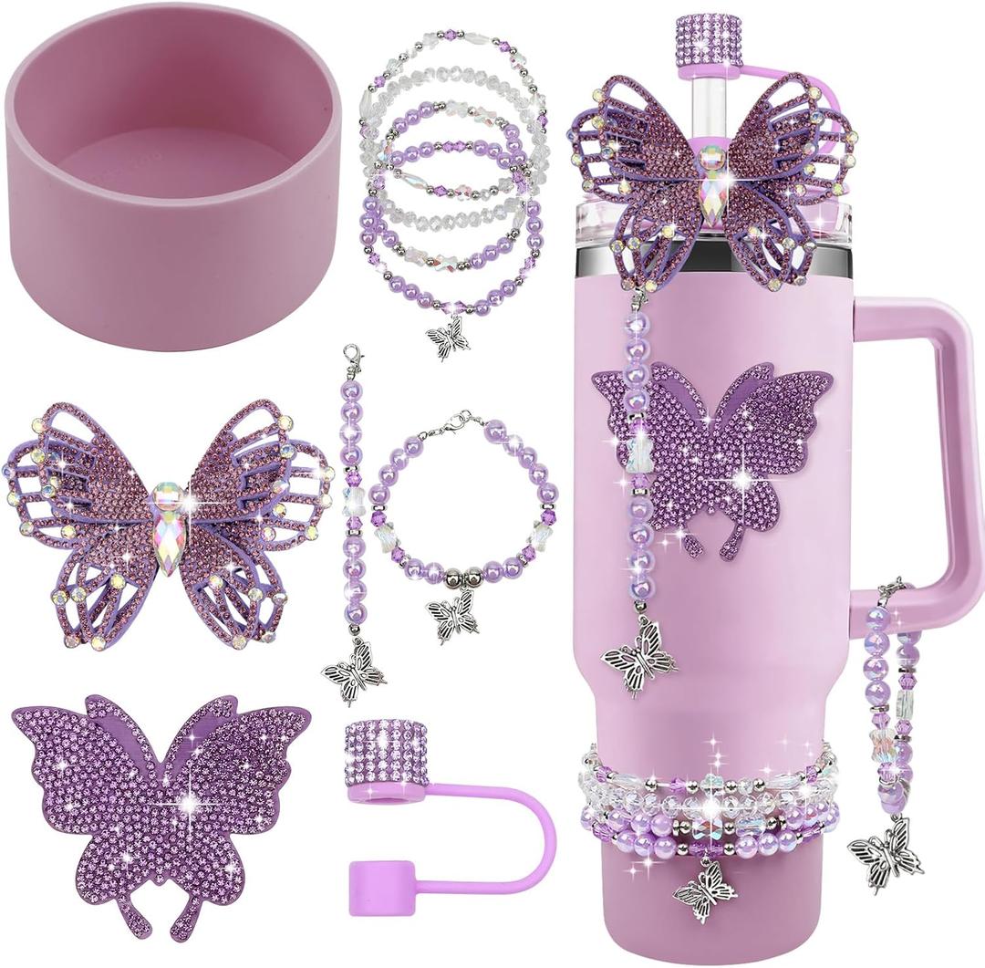 10PCS Accessories for Stanley Cup Tumbler Accessories 40&30oz, Diamond Butterfly Charms for Stanley Cup Including Straw Cover Topper Silicone Tumbler Boot Stickers Bracelets Handle Charm