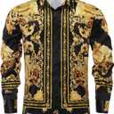 Mens Luxury Brand Print Silk Satin Design Button Down Dress Shirt (L)