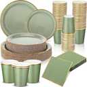 Dandat Sage Green Dinnerware Set - 200 Pcs, Party Supplies Including 50 7'' & 9'' Paper Plates, 50 Paper Cups & Napkins for Baby Shower, Wedding & More (Gold Rim)