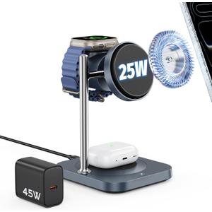 Qi2.2 Charging Station for Apple, 25W 3 in 1 Magsafe Charger Stand with Active Cooling Fan, Magnetic Wireless Charger for iPhone 17/16/15/14/13/12, Apple Watch, AirPods (with 45W Adapter)