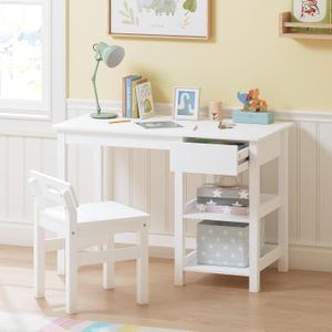 Spirich Kids Desk and Chair Set, Kids Study Desk with Drawer and Shelves, Children Wooden Study Table for 3-8 Years Old, Student Writing Table Computer Workstation, White
