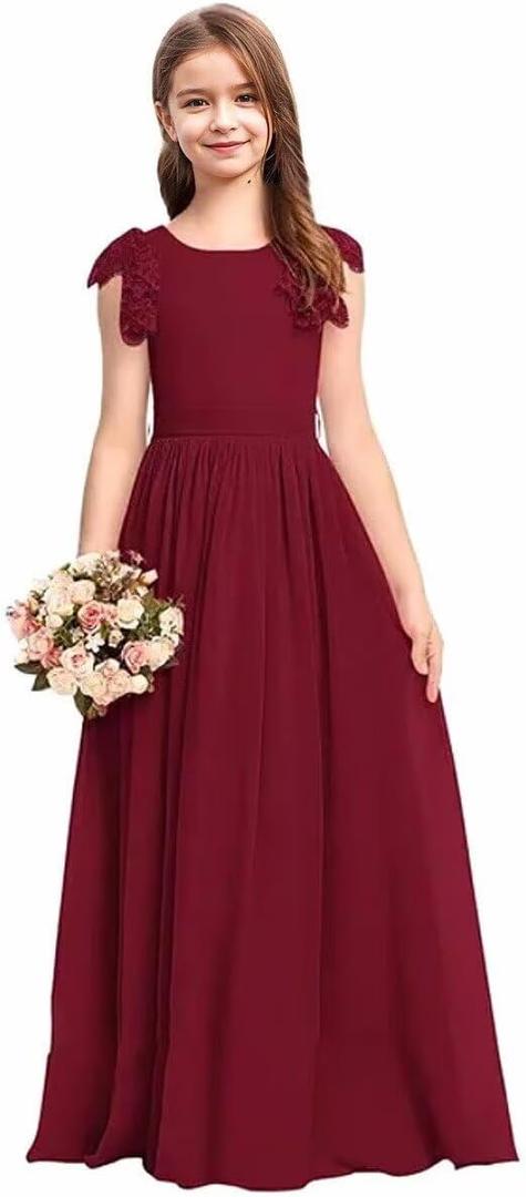 Chiffon Junior Bridesmaid Dress Lace Flower Girl Dresses for Wedding Princess Pageant Ball Gown Dress for Girls (14, Burgundy)