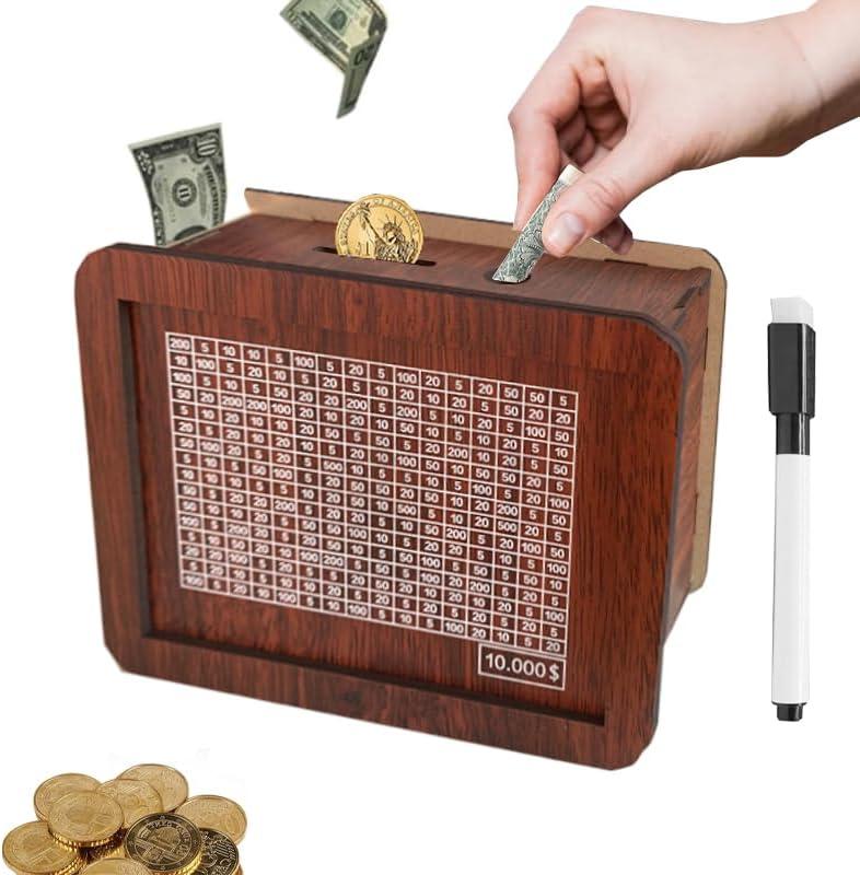 10000 Savings Challenge Box,Cash Vault Wooden Savings Box,kakeibo Money Box,Wooden Piggy Bank Coin Bank with Counting Target,The Best Gift for Boys, Girls, and Friends (Brown)