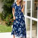Simplee Womens Floral Maxi Dress - Short Sleeve Summer Boho Wedding Guest Dress Empire Waist Chiffon Modest Midi Dresses (Blue, XL)