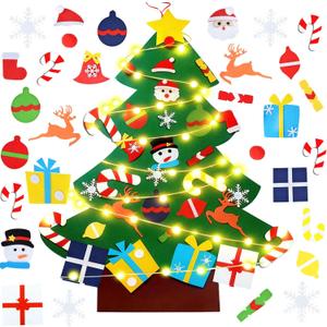UMEELR 3.3FT Felt Christmas Tree Wall Hanging Decor with 31 Xmas Ornaments & Lights, Montessori Felt Velcro Christmas Tree Holiday Decor for Home, Door, Christmas Party, Xmas Gift