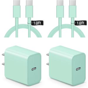 iPhone 17 16 15 Charger Fast Charging 10FT - 2 Pack 20W USB C Charger Block with Type C Cable Compatible with iPhone 17/17 Pro/17 Pro Max/Air/16/16e/15, iPad Pro, Air M3/M2/5/4, 11th/10th (Green)