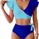 Womens One Piece Swimsuits-Sexy Deep V Neckline Tummy Control Bathing Suit Slimming Mesh Swimwear  (Medium, Light Blue)