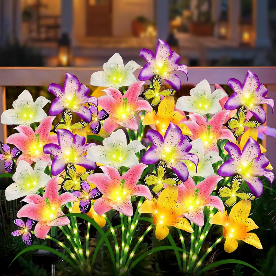 Solar Garden Lights 6 Pack 24 Lily Flowers with Butterfly Decor, Gifts for Mom Woman Birthday Solar Flower Lights for Outside,Cemetery Flowers for Grave - Decorative Lilies for Yard, Patio, Pathway