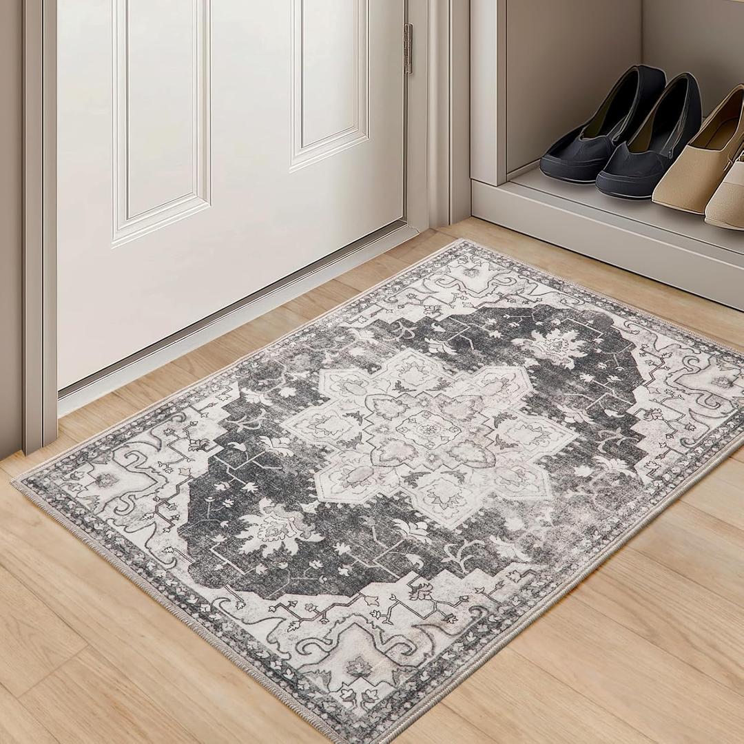 2x3 Entryway Rug Washable Door Mat Vintage Boho Entrance Area Rug, Non Slip Low Pile Floral Print Carpet for Kitchen Bedroom Living Room Home Decor, Grey