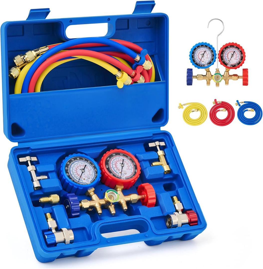 Orion Motor Tech AC Gauges, AC Manifold Gauge Set for R134a R12 R502 Refrigerant, 3 Way Car with 5FT Hoses Couplers & Adapter, Puncturing & Self Sealing Can Tap Freon Charge Kit