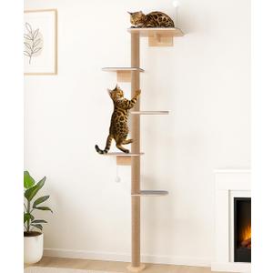 5-Tier Floor-to-Ceiling Cat Tree Tower, Upgraded Grey Felt Kittens Wall Shelves, Rotatable Platforms & 3-Inch Wall Gap, Wild Simulation Kitten Playground