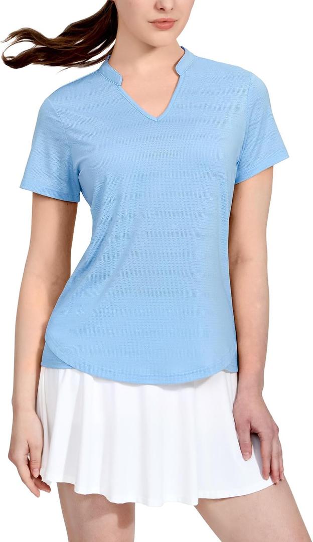 MIER Women's Golf Polo Shirts Collarless Short Sleeve Tennis Running T-Shirts V-Neck Cooling Summer Tee