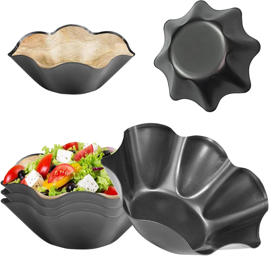 6Pcs Large-Nonstick Tortilla Shell Maker, 8.4-inch Taco Salad Bowl Pans Set with Silicone Gloves & Basting Brush, Carbon Steel Fluted Pan Baking Molds for Kitchen
