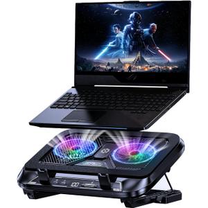 Laptop Cooling Pad with Dual Core Cooler, Gaming Laptop Cooler with 5.5in 2 Powerful Turbofan(9500 RPM), Fast Cooling Laptop 12-21in, 5 Height Stands, 100 Gear Speed, LCD Screen, RGB, Phone Holder