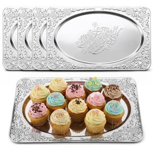 4 Pcs Silver Serving Trays Set 13.8" x 8.5" Small Stainless Steel Serving Tray Oval Floral Engraved Tray Heavy Duty Metal Serv ing Trays for Coffee Table, Bar, Party, Club, Home