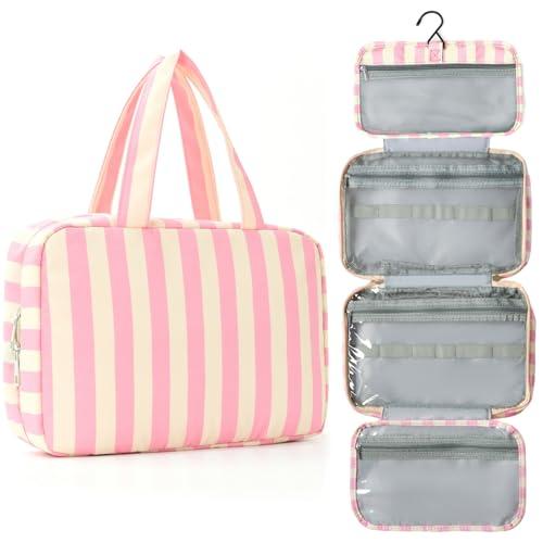 Apxouans Toiletry Bag for Women Travel Water-resistant Cosmetic Bag Fashion Stripes Makeup Bag with Hanging Hook Preppy for Store Toiletries Cosmetic Accessories Medium Pink