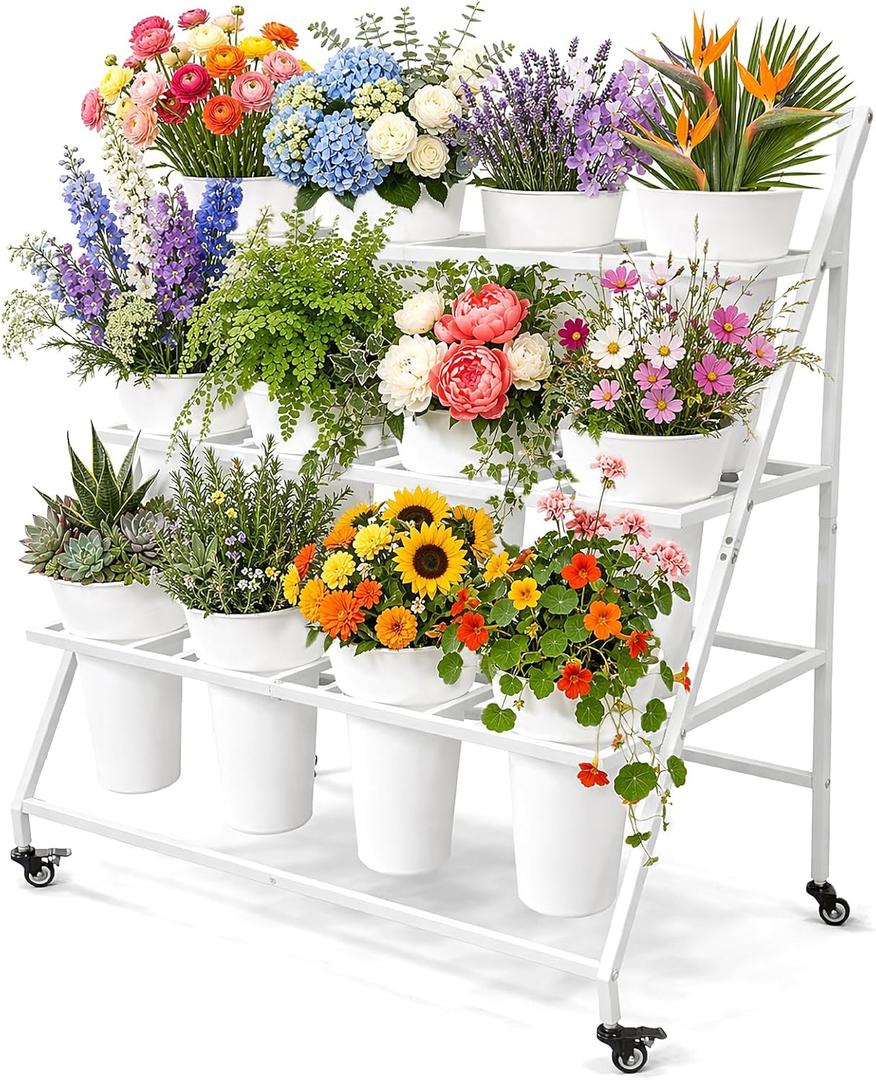 Qidejoy Flower Cart Display Stand with 12 Buckets & Wheels, Flower Bar Stand, Moving Florist Bouquet Shelf, Bouquet Bar, White Metal 3 Tier Floral Stand for Outdoor, Indoor, Patio, Garden, Wedding